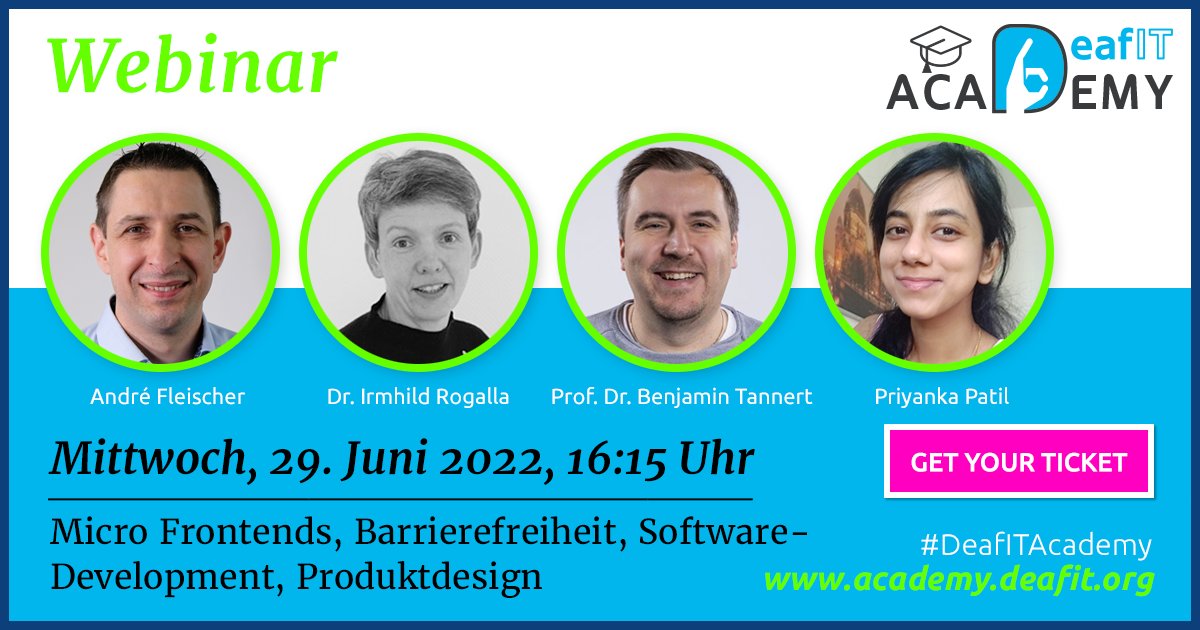 Nur noch einmal schlafen, dann findet endlich das erste DeafIT Academy Webinar statt! Seid dabei! Es gibt noch Tickets: ticket.deafit.org/event/1-deafit…

Anbei unsere Pressemitteilung zur DeafIT Academy, eine inklusive IT-Bildungsplattform für Alle deafit.org/pressemitteilu… #DeafITAcademy