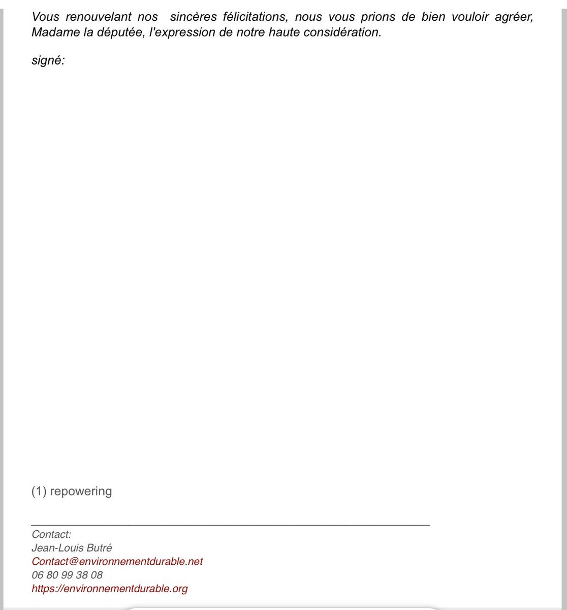 barbarapompili's tweet photo. Et le lobbying continue ! Le jour de la rentrée parlementaire, tous les députés ont reçu ce mail.
C’est au mieux irresponsable…
Arrêter le dvpt des renouvelables serait un crime contre le climat et nos enfants.
Le GIEC, l’AIE etc.. le disent.
Attaquons-nous aux vrais problèmes. https://t.co/DSPho1HSgw