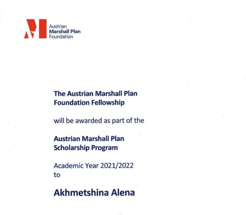 Congratulations to <a href="/AlenaAkhmetshi2/">Alena Akhmetshina</a> 🥳 she has been awarded with the @AT_MarshallPlan stipend for her stay abroad 🇺🇸