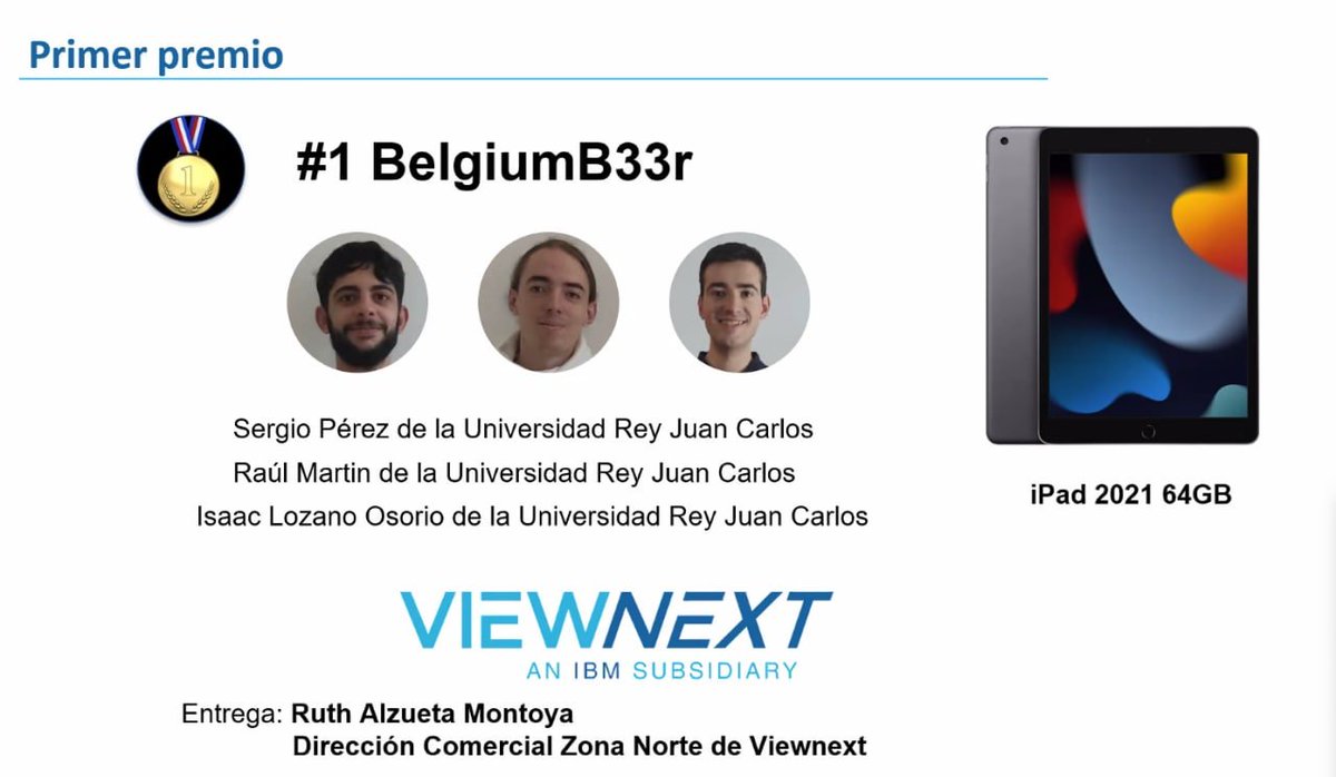 Primer premio junto a mis compañeros <a href="/SergioP3red/">Sergio Pérez</a> y <a href="/rmartinsanta/">Raúl Martín</a> en el CTF de las VII Jornadas Nacionales de Investigación en Ciberseguridad - #jnic2022 <a href="/jnic_conf/">JNIC 2025</a>.
Gracias a la organización y a los patrocinadores <a href="/CatedraVIEWNEXT/">Cátedra VIEWNEXT-UEx</a> <a href="/viewnext/">Viewnext</a> <a href="/tecnalia/">TECNALIA</a>