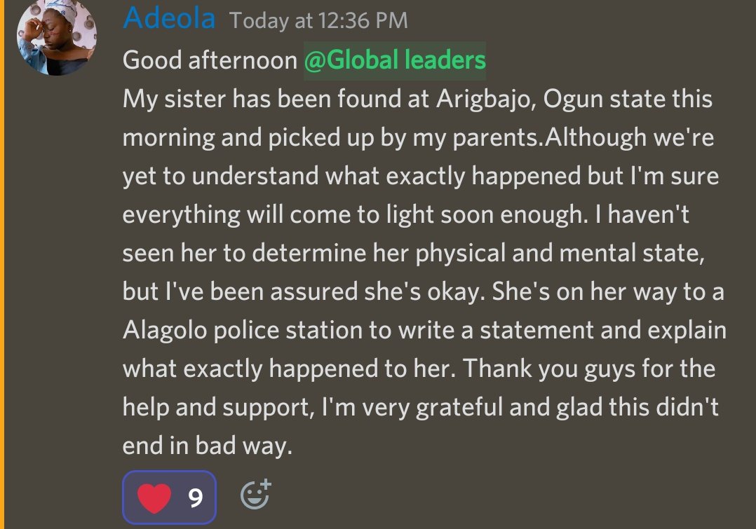 rare_blessing's tweet photo. Dairo Hikmoh has been found according to her sister.

A big shout out to everyone who reposted and contributed their support in one way or the other. God bless you all.❤️ https://t.co/cGMMlk0ujH