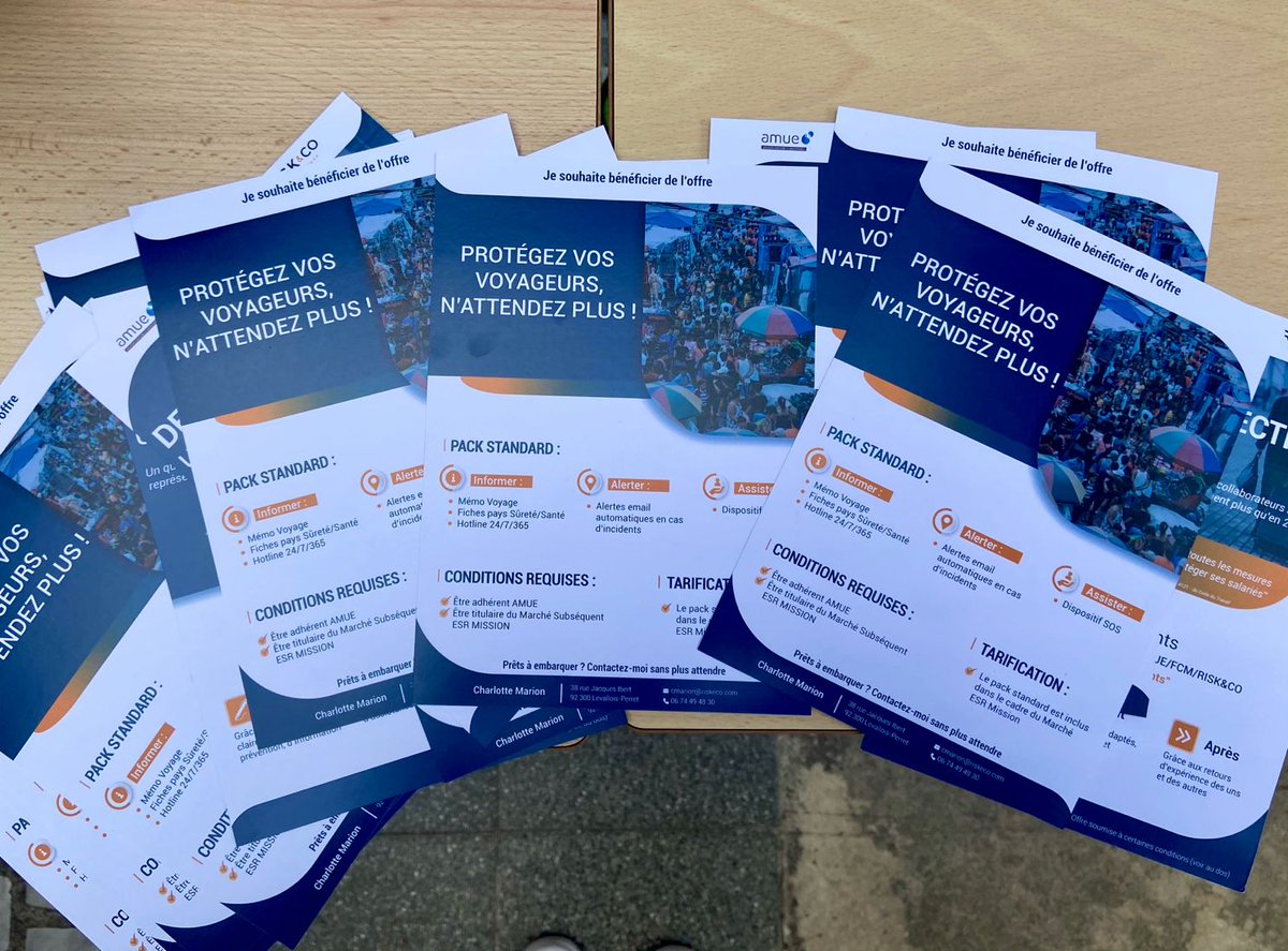 Riskeco_groupe's tweet image. Nous étions au club utilisateurs #AMUE à Montpellier pour présenter nos prestations d’accompagnement des voyageurs d’affaires. La #sûreté des déplacements des salariés est assurée au travers de notre offre #informer #alerter #assister
Contactez-nous pour + d&apos;infos!