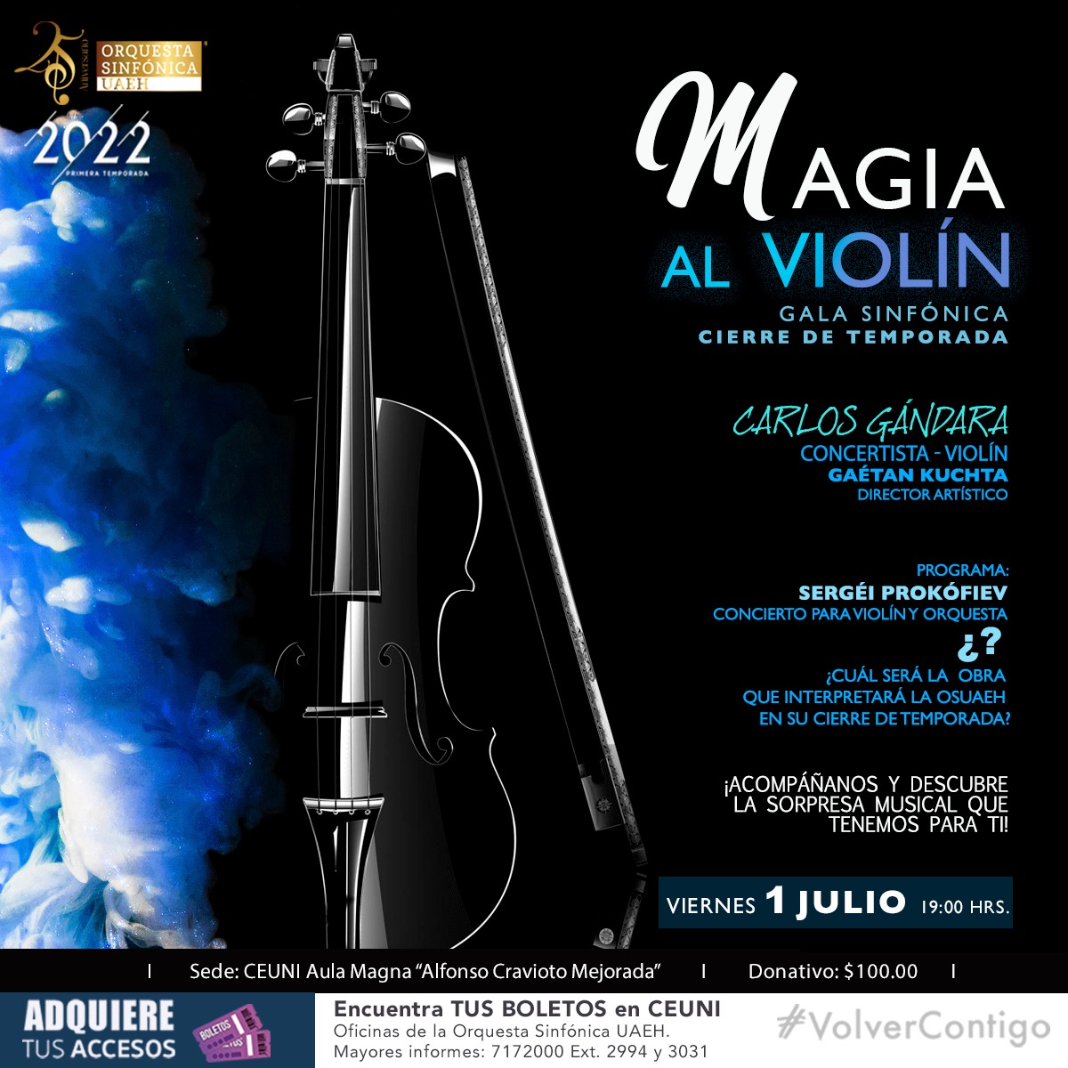 gaetan_kuchta's tweet photo. ¡Gran cierre de Temporada!
Nuestra primera temporada llega a su fin con un concierto especial en compañía de Carlos Gándara al violín.
Los esperamos este viernes 1 de julio, en CEUNI. #VolverContigo https://t.co/dN50PZXLwS