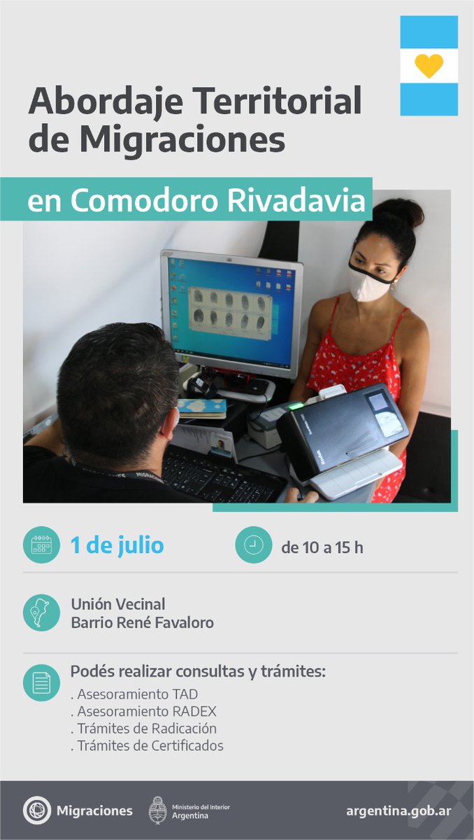 MMRousseaux's tweet photo. Continuamos con el #AbordajeTerritorial de Migraciones en #ComodoroRivadavia. 01/07/2022 @Migraciones_AR @florcarignanook @DeMigraciones https://t.co/PlkfMDwE2i