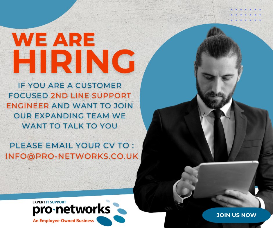 pronetworksuk's tweet photo. Pro-Networks are looking for a customer-focused second-line support engineer.
If you want to join the only employee-owned MSP in the area please send your CV to info@pro-networks.co.uk https://t.co/2uLFlsLWKC