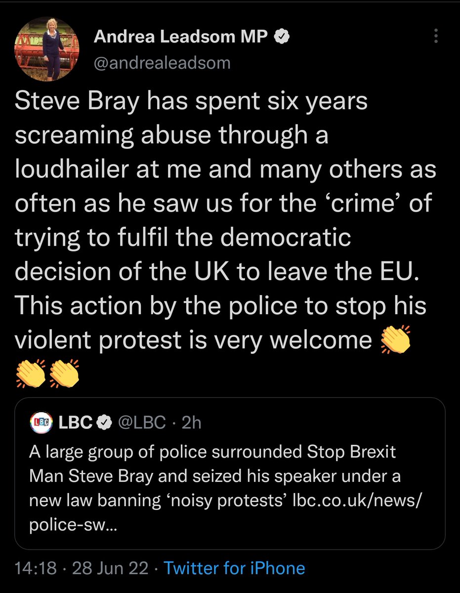 TheStephenRalph's tweet photo. @andrealeadsom I'll happily contribute what I can to Steve Bray's legal team when they take you to court for libeling him.
You are a disgrace. 😣
cc @snb19692 https://t.co/MRas9wLd64