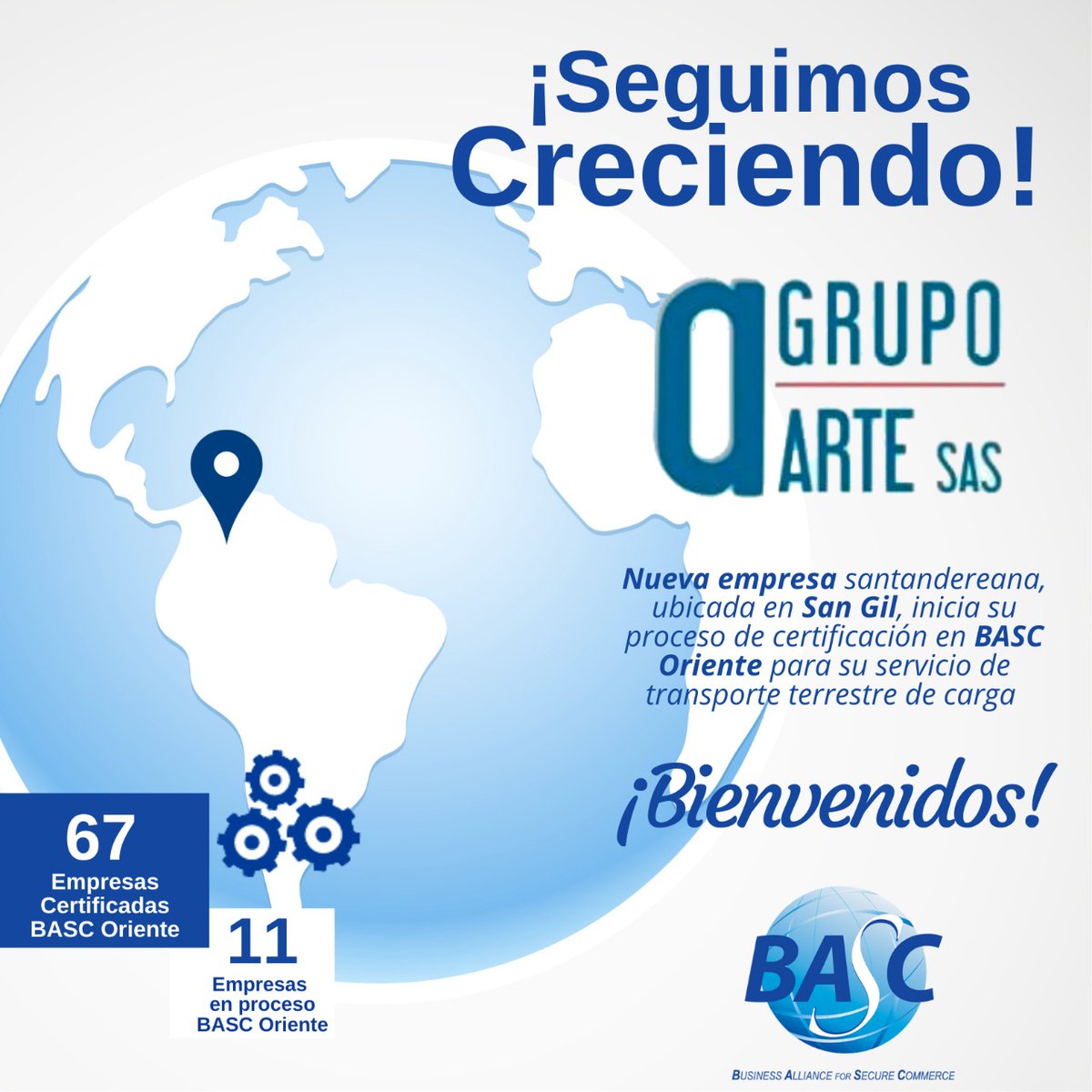 bascoriente's tweet photo. Iniciamos semana con dos nuevos asociados BASC, ubicados en #SanGil y #Barrancabermeja

Damos la bienvenida a #GRUPOARTE y #SOLSERVIS, empresas de transporte terrestre de carga que inician su proceso de certificación BASC.
🌎🌐✅

#NuevaEmpresa
#SomosBASC https://t.co/2ZmbbzDmAo
