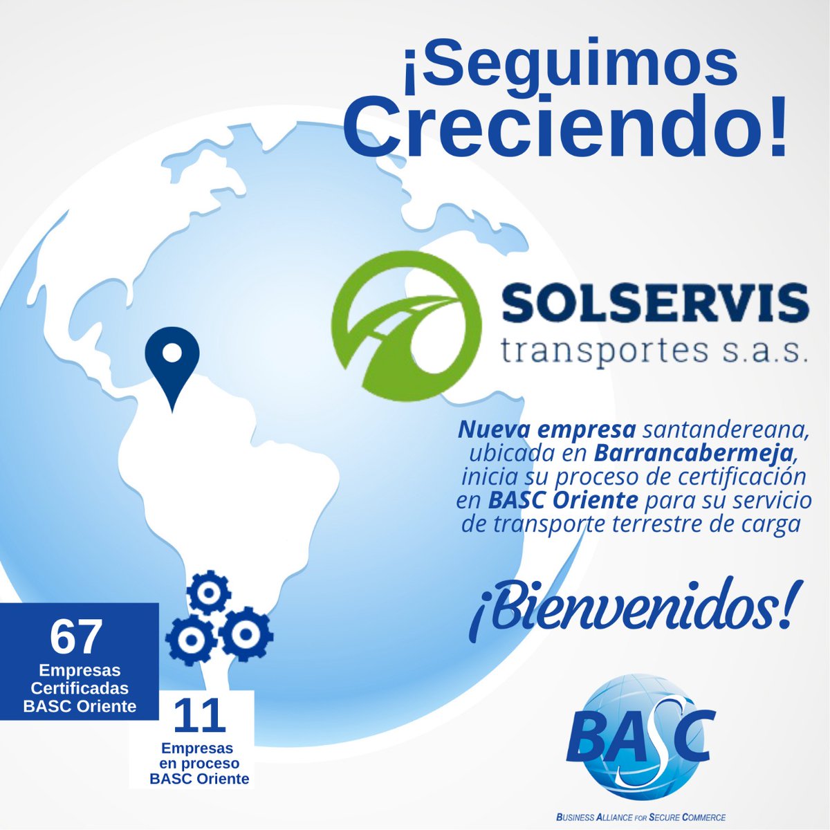 bascoriente's tweet photo. Iniciamos semana con dos nuevos asociados BASC, ubicados en #SanGil y #Barrancabermeja

Damos la bienvenida a #GRUPOARTE y #SOLSERVIS, empresas de transporte terrestre de carga que inician su proceso de certificación BASC.
🌎🌐✅

#NuevaEmpresa
#SomosBASC https://t.co/2ZmbbzDmAo