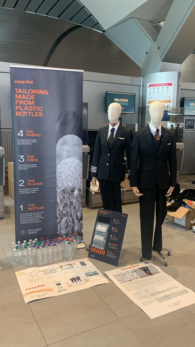 easyJet's tweet photo. Did you know we've introduced new crew uniforms that are made from recycled plastic bottles?

45 bottles go into each uniform and you can catch our crew sporting them on one of your next flights ♻️ #ConnectingEurope https://t.co/SeemW6D3j9