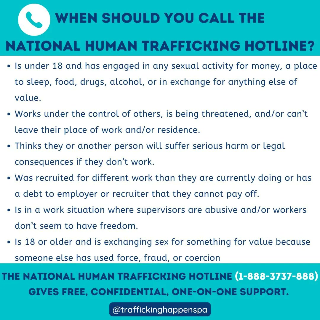 Sex Trafficking happens in PA, and learning about it is the first step towards ending it. 

If you suspect someone has been a victim of human trafficking, call the National Human Trafficking Hotline: 1-(888)-373-7888

Learn more at <a href="/traffickingpa/">traffickinghappenspa</a>