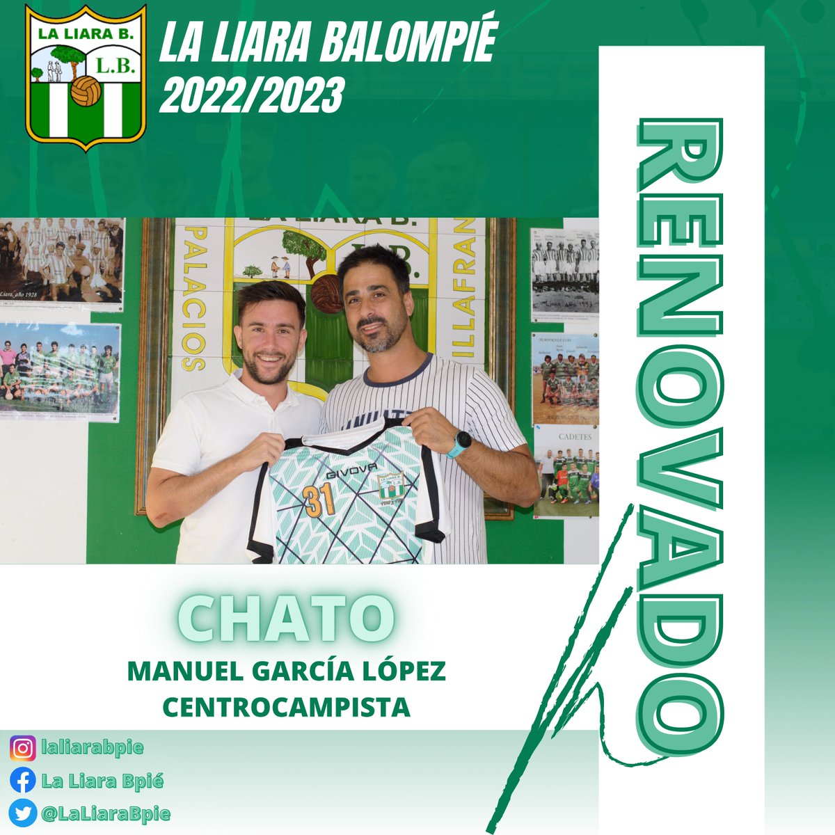 LaLiaraBpie's tweet photo. 📣COMUNICADO OFICIAL💚
Los capitanes del primer equipo, Enrique, Chato y Josele, renuevan con el club para la temporada 22/23. 🤝
Queremos agradecer enormemente el esfuerzo y rechazo ante cualquier oferta que le han sido propuesta, que no han sido pocas. https://t.co/4IGzh4U7i0