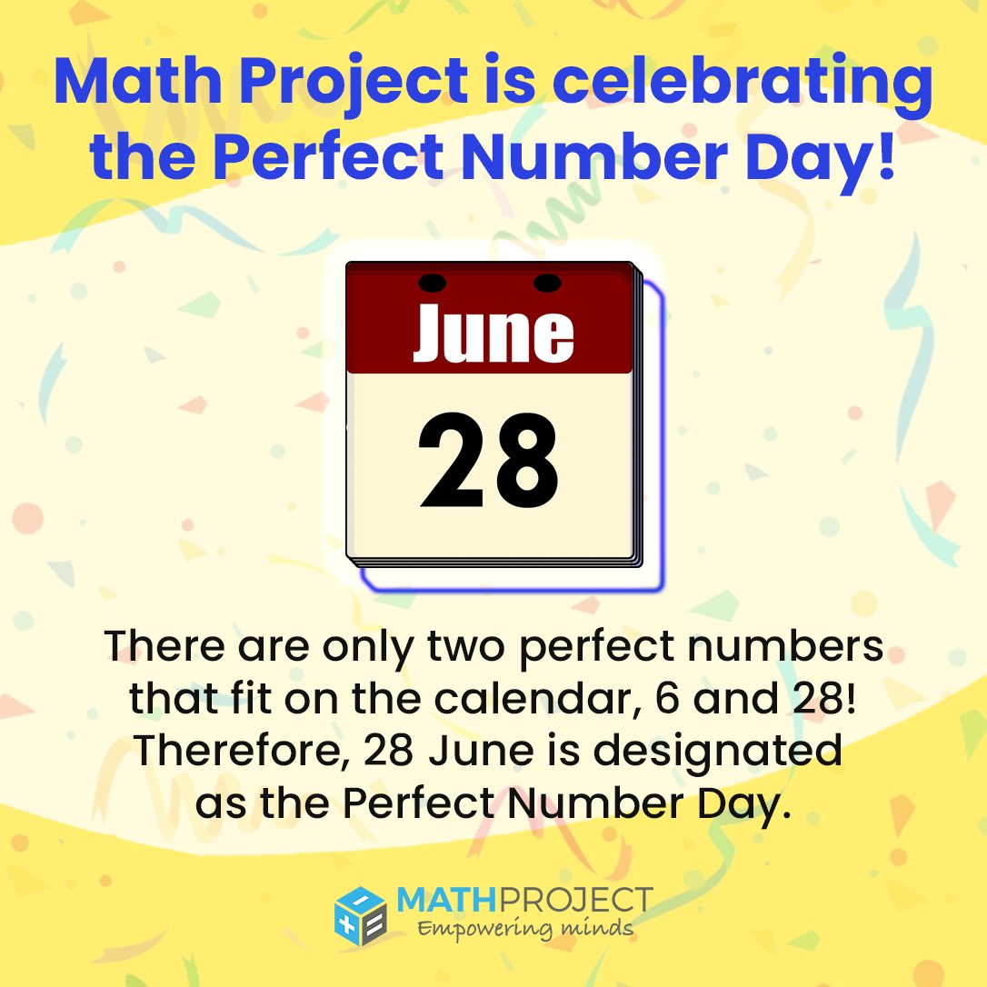 mathproject2010's tweet photo. Today is the perfect day to learn about perfect numbers!
A perfect number is a number that is the sum of its factors besides itself, and 6 (1+2+3) and 28 (1+2+4+7+14) are the first two perfect numbers.
#math #mathcelebration #mathprogram #mathproject #empoweringminds https://t.co/uRMiemX5k9