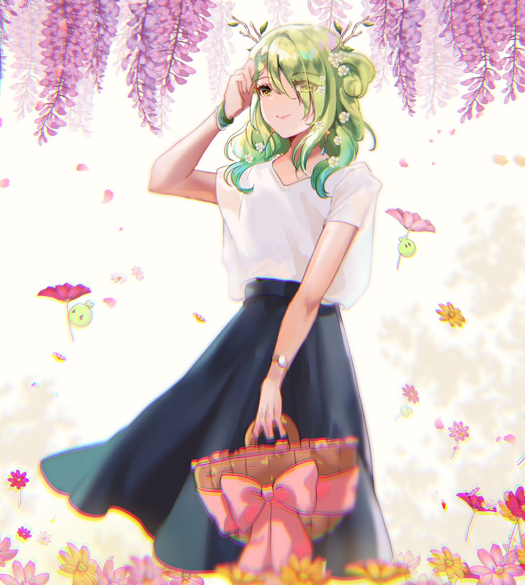 ceres fauna 1girl flower green hair solo braid skirt yellow eyes  illustration images