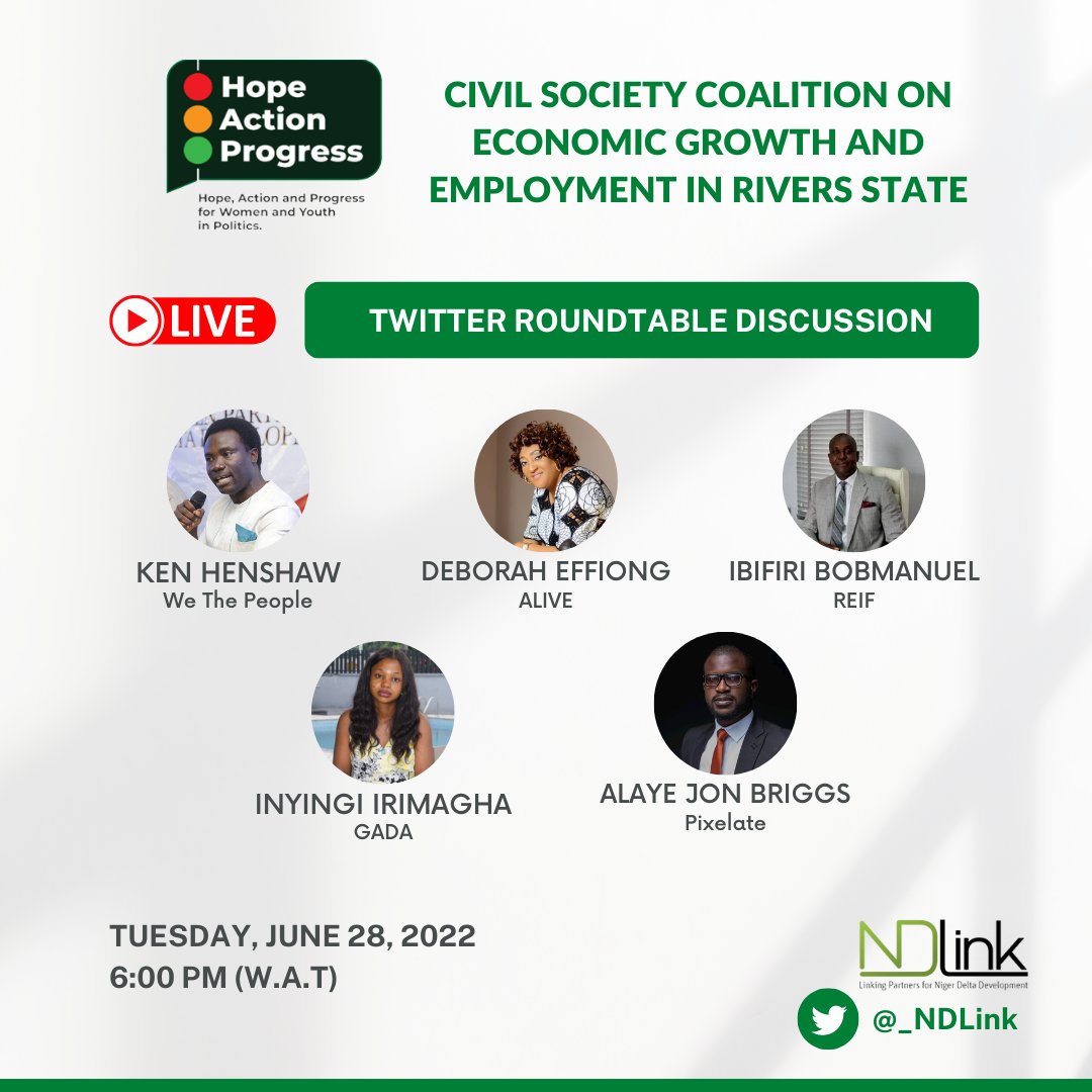 _NDLink's tweet photo. Join us later today by 6PM (WAT) as we discuss how key stakeholders can foster employment and economic growth in #RiversState
Join the Twitter Spaces session here -> https://t.co/5V1Q0AR2O5
#NDLink #WeYOUPro #NigerDelta https://t.co/77MoAvmIjS