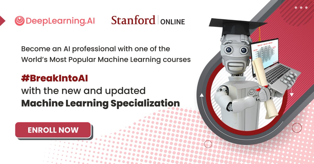 DeepLearningAI's tweet image. Master key concepts and gain the practical know-how to quickly and powerfully apply machine learning to challenging real-world problems quickly and powerfully. 

#BreakIntoAI with the new Machine Learning Specialization! Enroll now: hubs.la/Q01fLk7r0