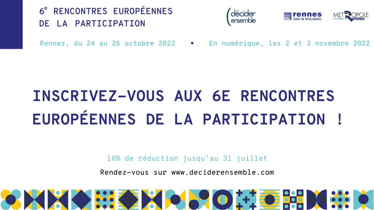 N'oubliez pas le rdv annuel de la participation citoyenne en 🇫🇷 et en 🇪🇺 : du 24 au 26 octobre à #Rennes et les 2 et 3 novembre en numérique 👉 deciderensemble.com/page/948670-re…

👀 Stay tuned : publication du pré-programme dans les prochains jours...