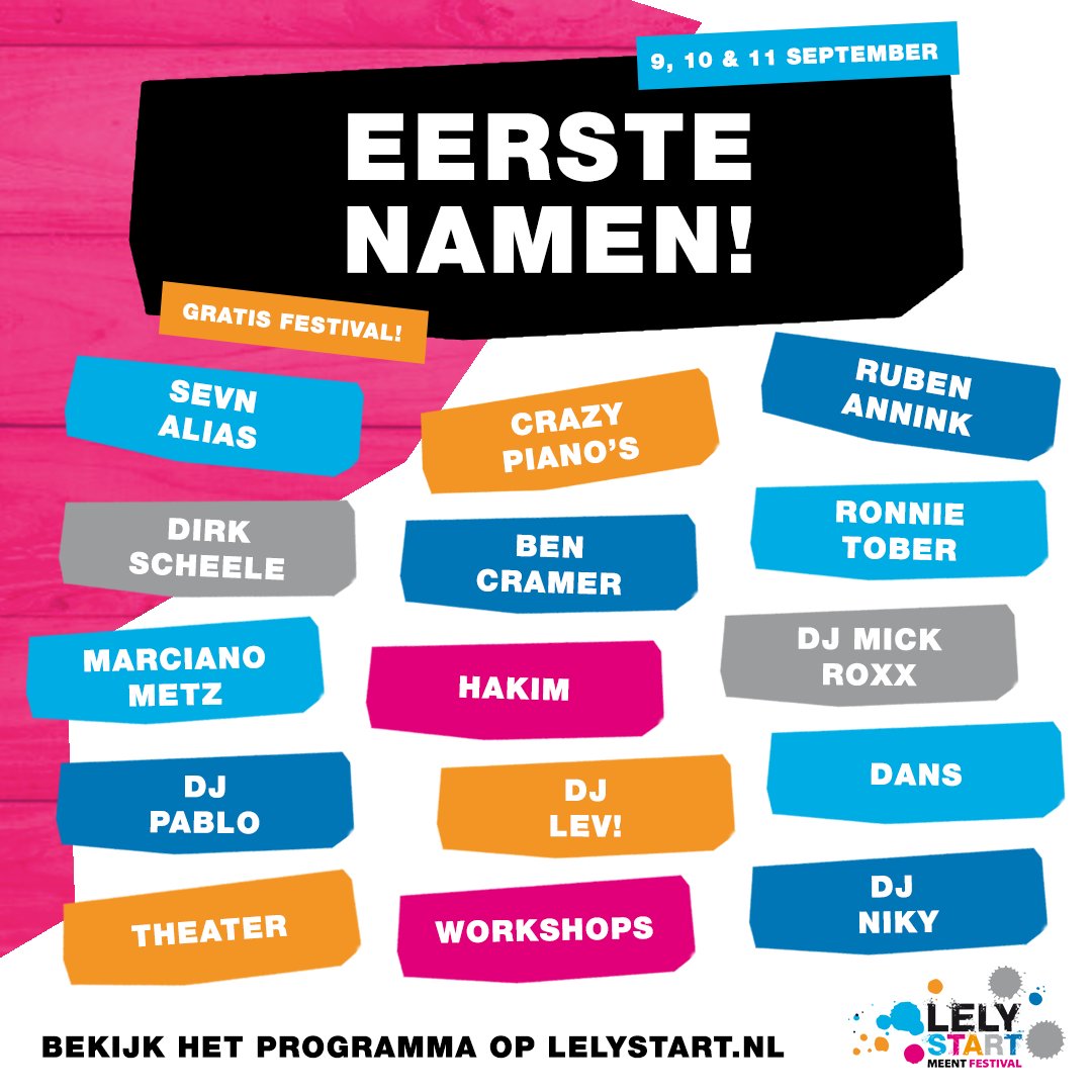Op 9, 10 en 11 september trappen we het culturele seizoen met een klapper af, dit keer ein-de-lijk weer met een groot podium in de stad. Nu niet in het stadshart, maar op het evenemententerrein De Meent!  Kijk voor meer informatie op lelystart.nl #lelystad