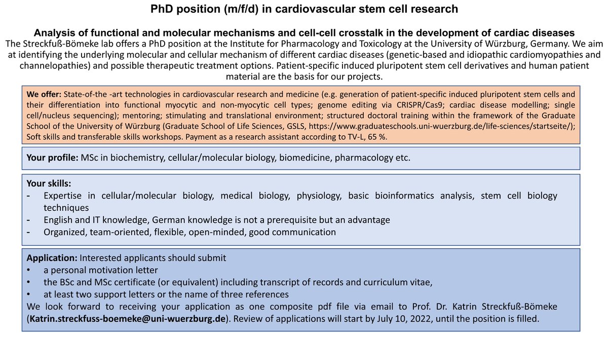We are hiring! The Streckfuß-Bömeke lab offers a PhD position at the Institute for Pharmacology and Toxicology, Würzburg, Germany. We aim at identifying underlying mechanism of cardiac diseases and patient-specific therapeutic treatment options. <a href="/cvsmaster/">lee kang pil</a> <a href="/YoungDZHK/">Young-DZHK</a> <a href="/YoungDgk/">Young DGK</a>