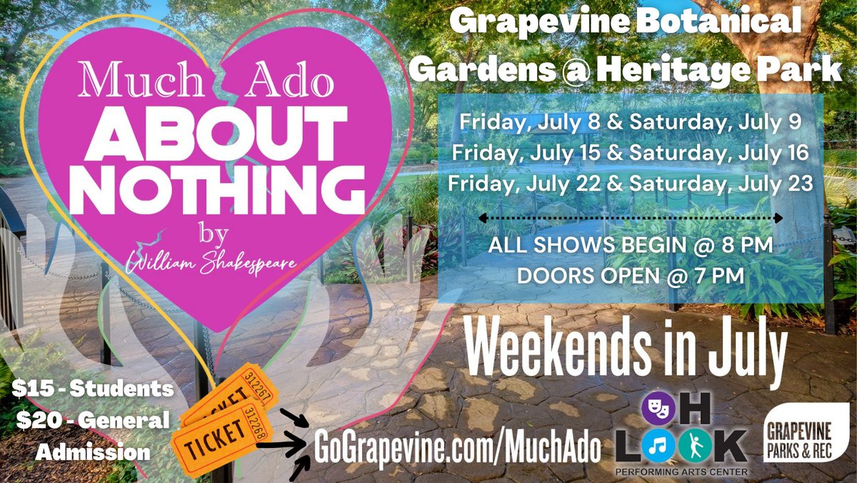 RuthTheatre's tweet photo. Come see @MissHoltTheatre and I perform in @ohlookpac production of MUCH ADO ABOUT NOTHING in the Grapevine Botanical Gardens! July 8-9, 15-16 &amp; 22-23 @ 8 PM (doors open @ 7 PM). Bring a picnic &amp; blanket to watch The Bard under the stars! ✨🎭Tickets here: https://t.co/J6NYCqRmkP https://t.co/rbELloTqJK