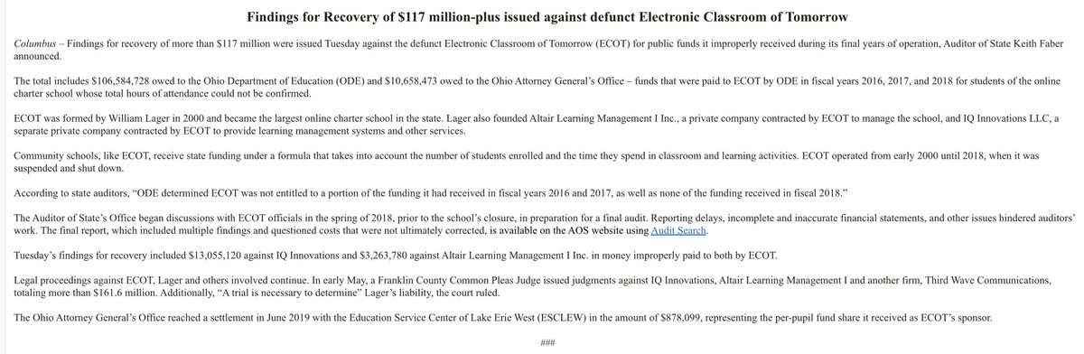 It's been a long time since ECOT has been in Ohio news but it is back in the headlines again....four years after it was shut down.