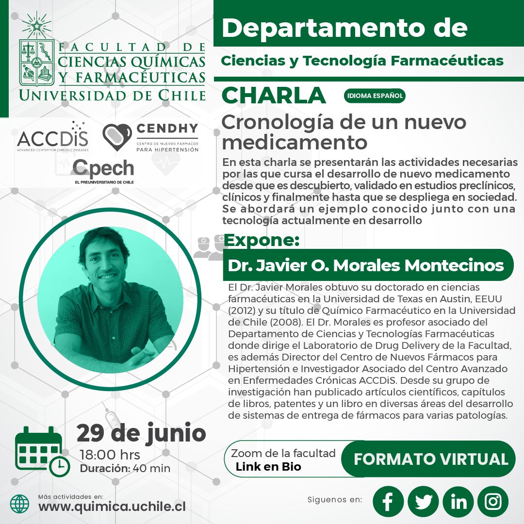 CendhyCentro's tweet photo. Mañana miércoles 29 de junio a las 18:00 horas, el Dr. Javier Morales Montecinos, director de CENDHY brindará la charla titulada "Cronología de un nuevo medicamento". Está actividad es organizada por la @QuimicaUdeChile
Solicítanos el link a través de un DM 👈 #CENDHY https://t.co/dP145xH7Rs