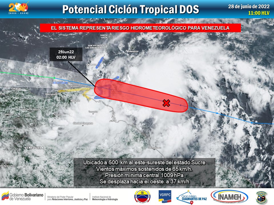 INAMEH's tweet photo. #28Jun #INAMEHInforma

Potencial Ciclón Tropical DOS

Ubicación: 500 km al ESE del estado Sucre

Vientos máximos sostenidos: 65 km/h

Se desplaza hacia el oeste a una velocidad de 37 km/h

¡ATENTOS! A los avisos y alertas que se están emitiendo en relación a este sistema https://t.co/1ATUW4C7ZA