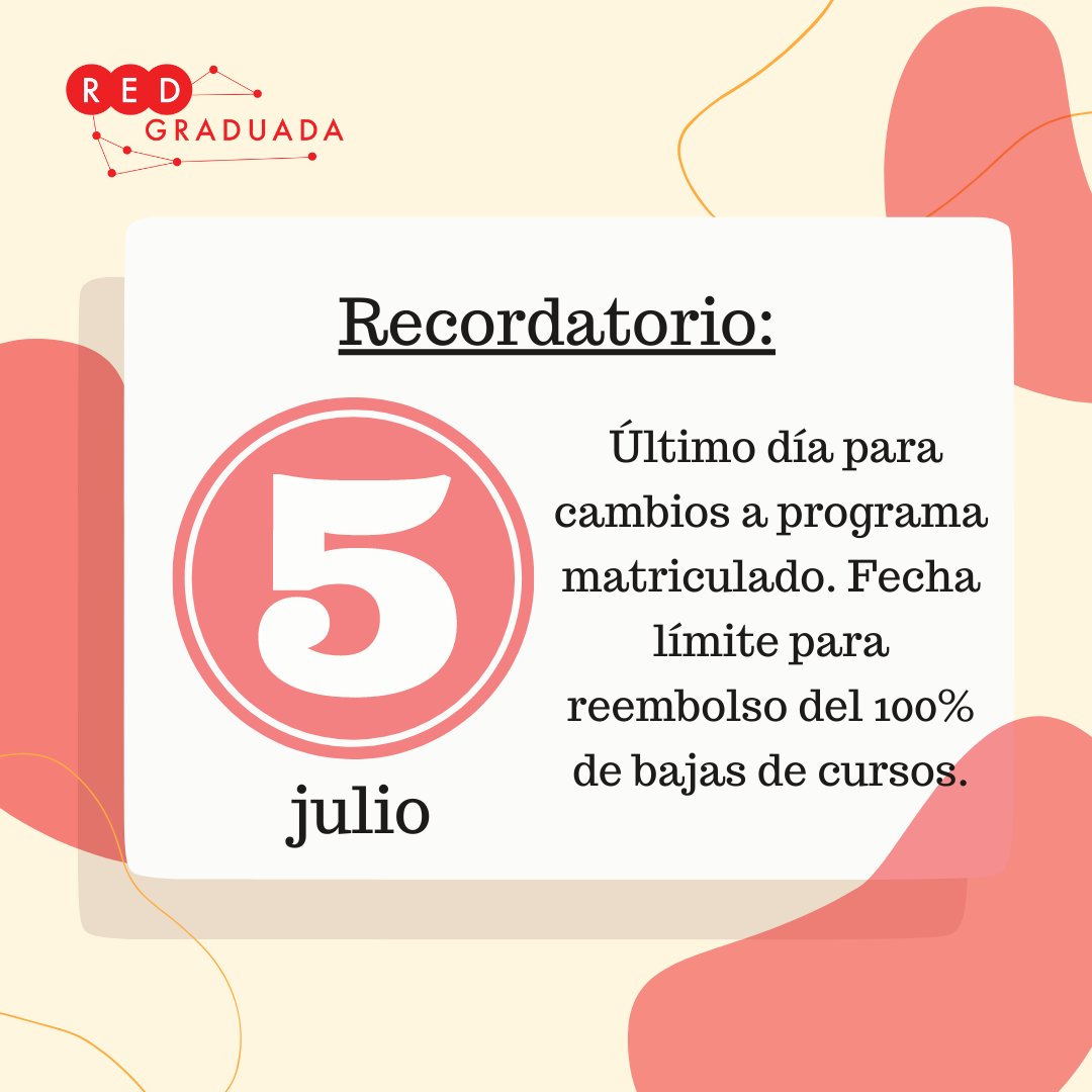 RedGraduada's tweet photo. ¡Atención, estudiantes!

Recordatorio: Sesión Verano Corto Julio 2022

#RedGraduada #tuRed #LaRedTeResuelve #iupi #uprrp #graduatestudents #graduados #degi https://t.co/fD9vCPND6i