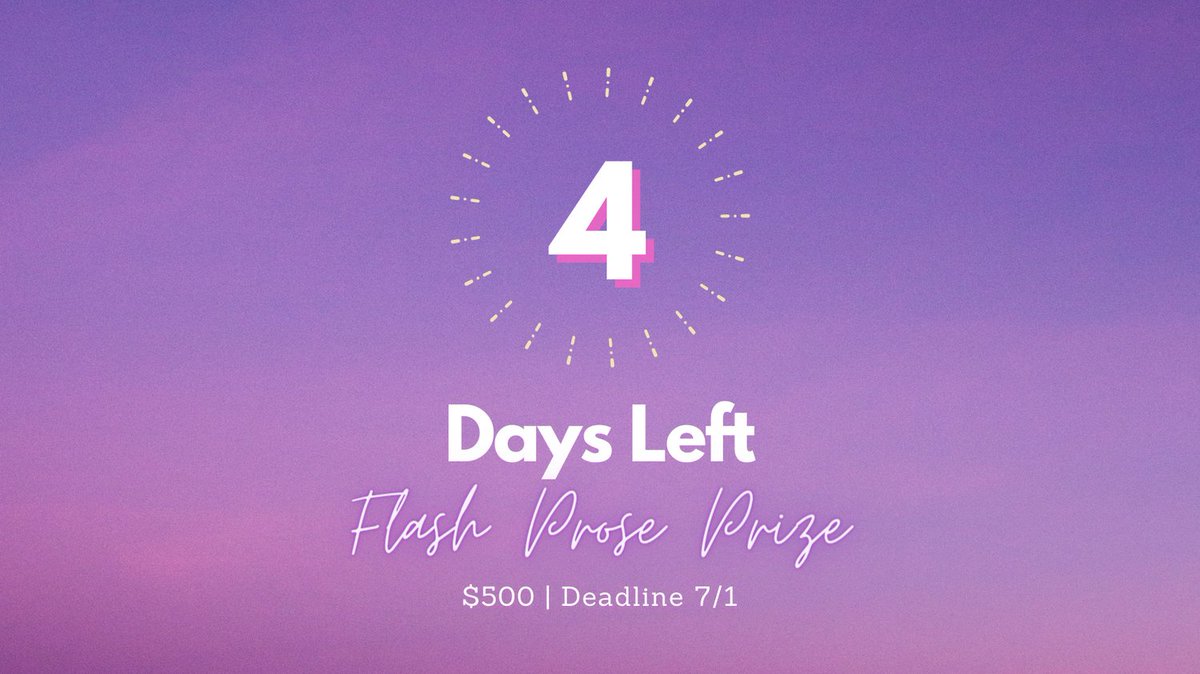 RuminateMag's tweet photo. 4 DAYS | 4 DAYS | 4 DAYS | 4 DAYS
Submit | Submit | Submit | Submit
$500 | $500 | $500 | $500
https://t.co/59lflTW8VD
#WritingCommunity #WritingContest #TheWaking #Prize #FlashProse #AmWriting #Fiction #Nonfiction #Publishing https://t.co/fl283Njz3j