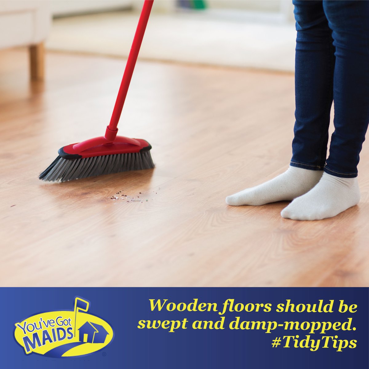 YouveGotMAIDS's tweet image. Sealed wooden floors only need to be swept and damp-mopped. Avoid using too much water or you may swell and split the wood. #TidyTips
