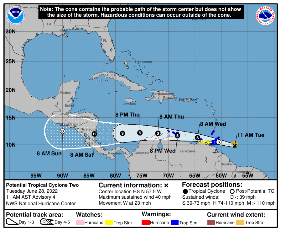 Meteovargas's tweet photo. ¡ATENTOS!

Se mantiene sin cambios la posible trayectoria del Potencial Ciclón Tropical DOS

Avisos y Vigilancias de Tormenta Tropical continúan para el noreste de Venezuela

#28Jun 11:00 HLV https://t.co/WB5t6IwEkX