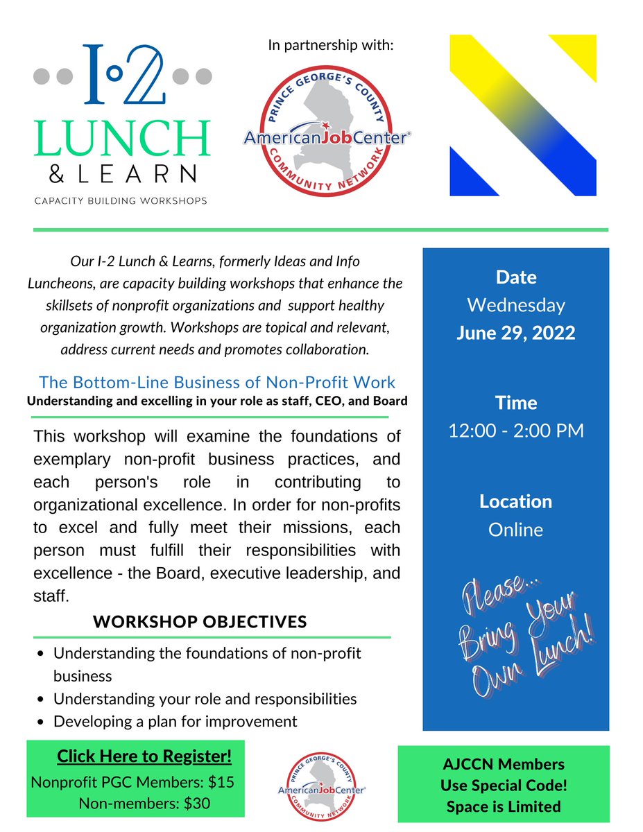nonprofitpgc's tweet photo. Tomorrow we will be hosting our next I-2 Lunch &amp; Learn: The Bottom-Line Business of Non-Profit Work with guest speaker Roger Jackson.

Registration is still open. We hope to see you there! https://t.co/jP3rMYpMIG