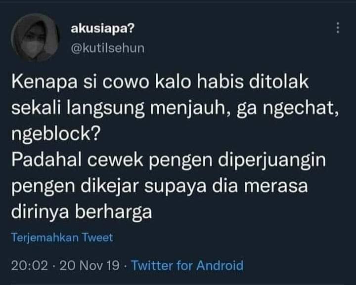 gadisresidu_b3's tweet photo. Mbak ini bingung dan bertanya kenapa laki yg dia tolak langsung menjauh? Padahal mbaknya pengen diperjuangin pengen dikejar biar merasa dirinya berharga.
Jawabannya simpel sih sebenernya. Karena mbaknya tidak berharga.
#PolitikHumor https://t.co/Z9Gk8qYfyy
