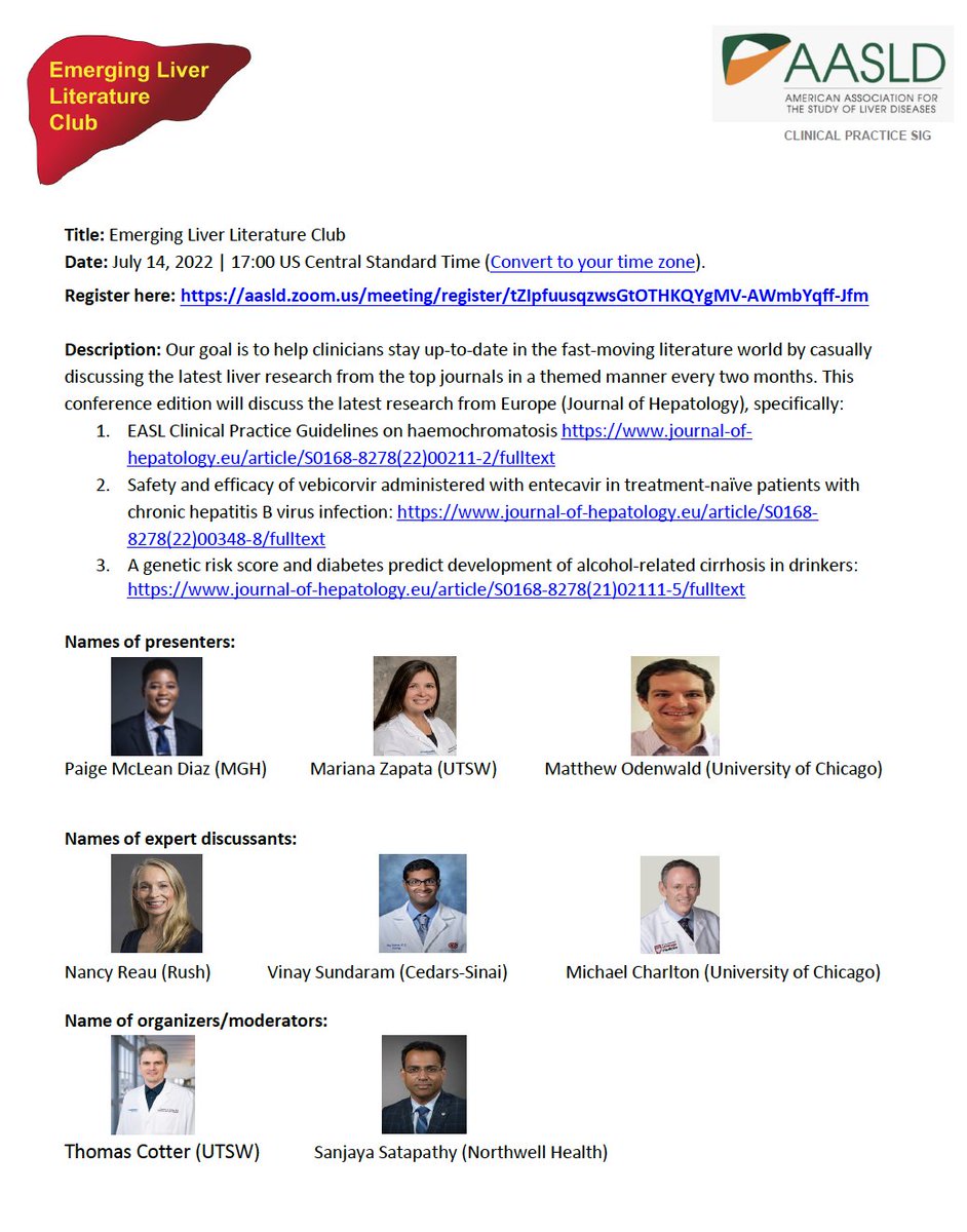 Register here for the next #ELLC @AASLDtweets #ClinicalPracticeSIG July 14 5pm CST aasld.zoom.us/meeting/regist… We travel to Europe🇪🇺to discuss the latest @JHepatology hemochromatosis, hepatitis B & genetics in alcohol liver disease will all be explored #LiverTwitter