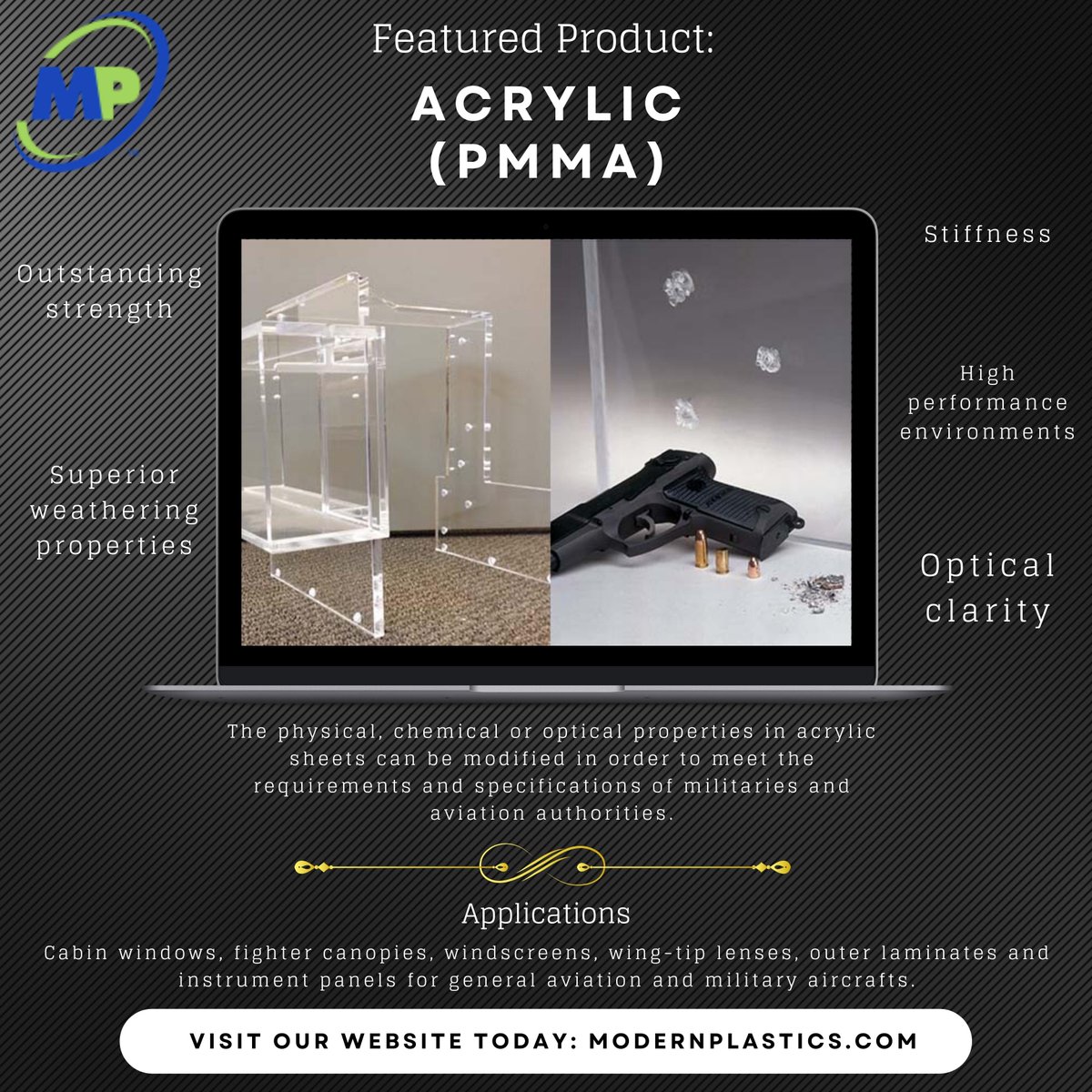 Today? ➡ Tactical Tuesday 🎖

Featuring a variety of products from a variety of industries each day this week! Today's the aerospace and defense industry!

Featured Product: Acrylic (PMMA)

Website: Modernplastics.com

#aerospaceanddefense #tacticaltuesday #plastics