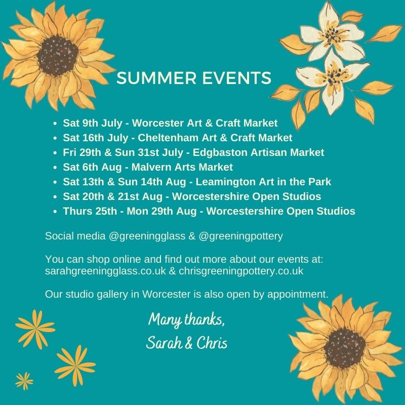 Here are the events that @greeningpottery and I have lined up for the next 2 months! <a href="/BoffyArtsEvents/">Steve Boffy</a>
<a href="/cotswoldmarkets/">Cotswold Markets</a> <a href="/AITPLeamington/">Art in the Park</a> <a href="/OpenStudios_WR/">Worcestershire Open Studios</a> <a href="/LifeAtEdgbaston/">Edgbaston Village</a>
#worcestershireopenstudios #aitp2022 #WorcestershireHour