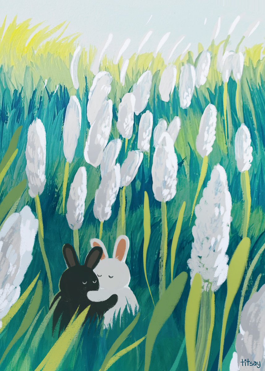 white flower flower rabbit no humans closed eyes signature outdoors  illustration images