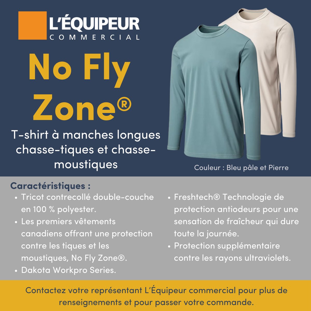 Notre toute nouvelle chemise de travail anti-tiques et anti-moustiques Dakota Workpro Series No Fly Zone® est maintenant desponible ! Le tissu est traité avec la technologie anti-tiques et anti-moustiques No Fly Zone® - inodore, invisible et efficace jusqu'à 70 lavages.