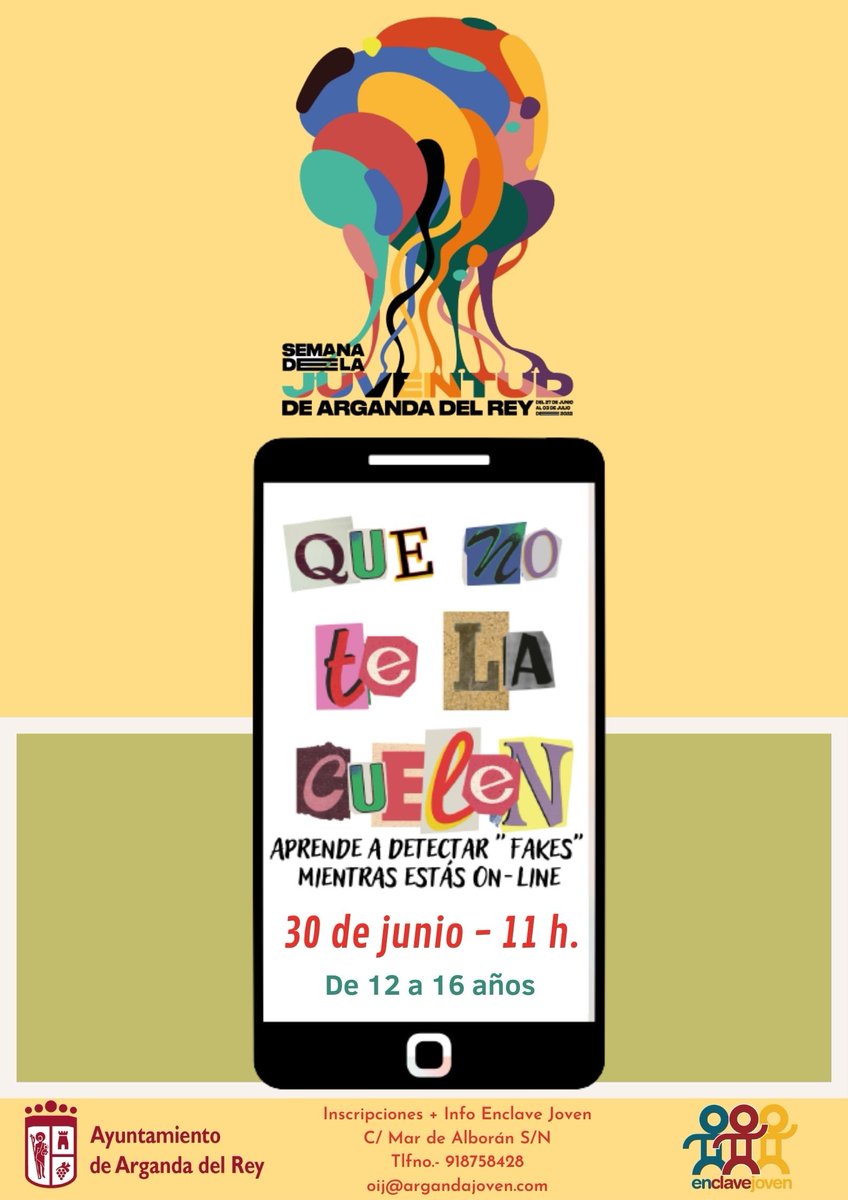 Arganda_Ayto's tweet photo. El jueves 30 a las 11:00 h. en el Enclave Joven tendrá lugar un taller de fake news para chicos y chicas de 12 a 16 años dirigido a aprender a detectar y reconocer falsos bulos en las redes sociales e internet. Inscripción previa en oij@argandajoven.com o en el 918758428 #Arganda https://t.co/mwR95Ejkxo