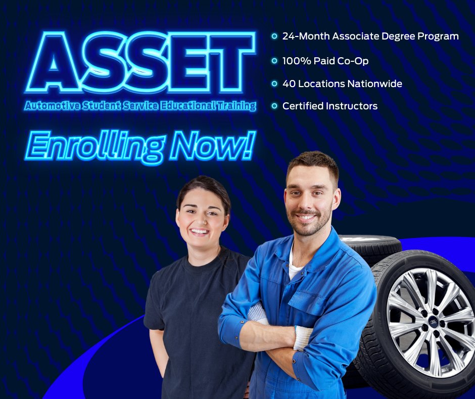NewFordTech's tweet photo. Receive the skills & knowledge needed by Ford and Lincoln dealerships!🔧 ASSET is a 24-month #automotiveprogram where you can earn up to 100% of Ford Service Certifications, learn through a paid co-op, and obtain an Associate's Degree. Ready?#GetYourASSET➡https://t.co/ks9sQrlEtM https://t.co/W9pfegs3dd