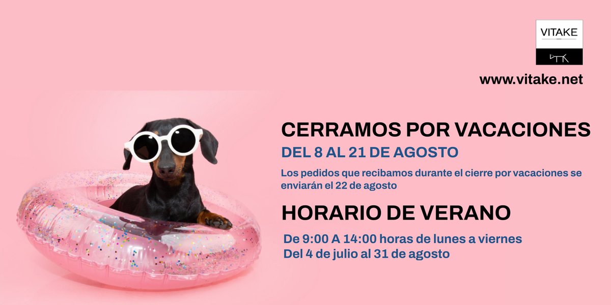 VITAKE_'s tweet photo. ¡Atención! Llega el horario de verano desde julio hasta finales de agosto, así como el cierre por vacaciones. ¡Haced previsión para vuestros peludos! Feliz verano
https://t.co/UKeDyDRAVP https://t.co/CWiUeMMTFs