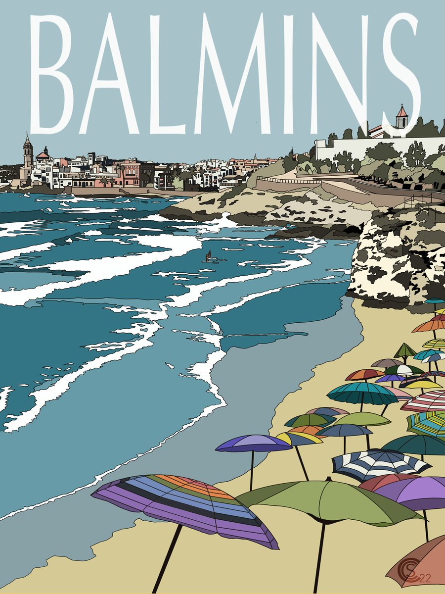 CraigChapmanSm1's tweet photo. Travel poster for friends. Chilling in the sun. #procreate #procreateart #procreatedrawing #digitalart #sitges #balmins #balminsbeach #travelposter https://t.co/CCyo0A0wmg