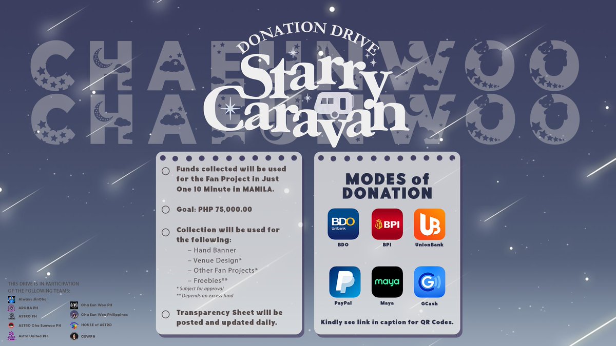 _ArohaPH's tweet photo. As we approach the upcoming event:

Cha Eun Woo's 2022
“Just One Ten Minute”
Starry Caravan in Manila

Together with the teams, we are asking for your help regarding the FAN PROJECTS with a GOAL AMOUNT of PHP 75,000.00

Donation Form: https://t.co/GVBqdtJlPr https://t.co/GAYkd79eb6