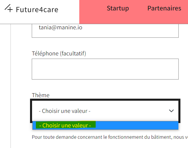 TaniaDCF's tweet photo. Hello @Future4care, j'aimerai bien choisir une valeur pour que mon message puisse être validé mais ça bug... On fait comment pour vous joindre du coup ? https://t.co/dfk2KmjndC