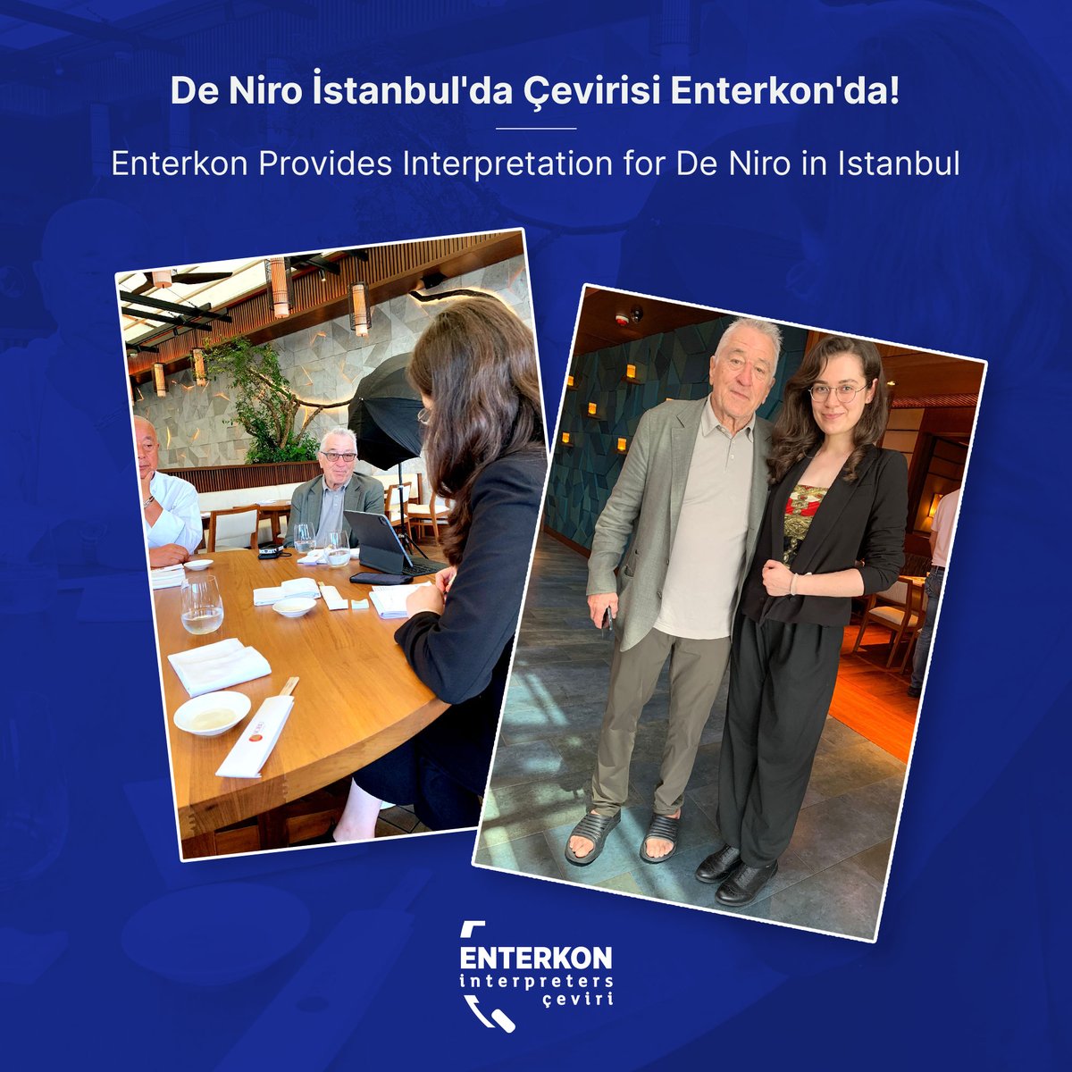 Enterkon's tweet photo. Hollywood's “Bobby Milk” Robert De Niro visited the Istanbul branch of the chain restaurant he owns. During this memorable visit, interpretation services were provided by none other than Enterkon!
#1nt #xl8 #RSI #r1nt #enterkon #simultaneousinterpreter #nobu #robertdeniro https://t.co/3l9U9POIvz