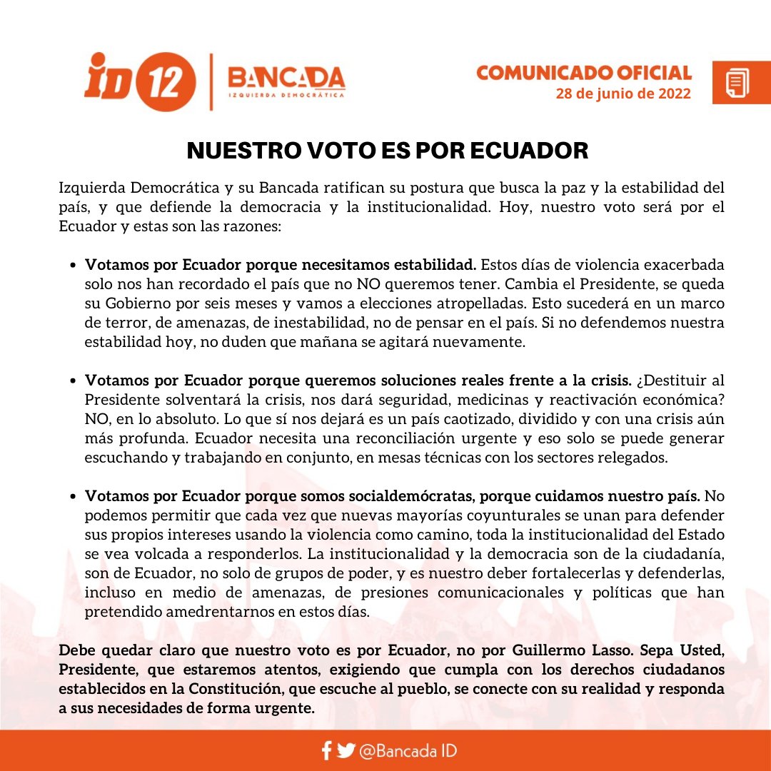⚠️COMUNICADO OFICIAL⚠️ 

Nuestro voto será por el Ecuador 🇪🇨, por su paz y estabilidad. ⬇️