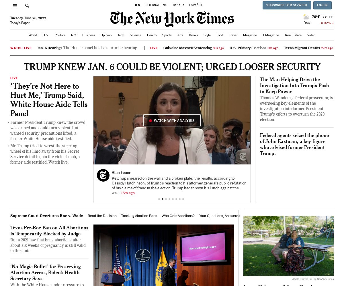 TRUMP KNEW JAN. 6 COULD BE VIOLENT; URGED LOOSER SECURITY