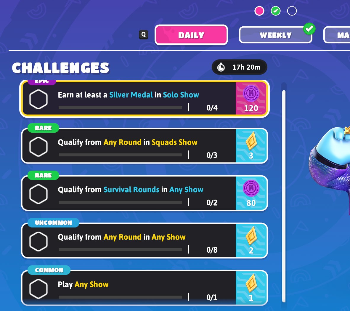 myFGstruggles's tweet photo. After finishing the battle pass, you got 6 whole shards a day for the daily challenge. LMAO @FallGuysGame #fallguys https://t.co/UI0imiKC0c