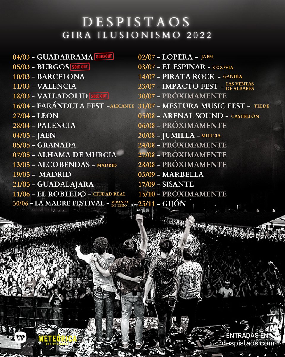 Despistaos's tweet photo. Sumamos nuevas fechas para este verano 🤘!!
Nos vemos el JUEVES en @lamadrefestival de Miranda de Ebro y el SÁBADO en Lopera (#Jaén). 
#GiraIlusionismo https://t.co/Vwp7XccfLF