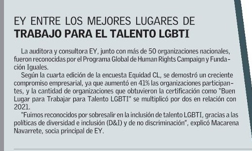 EYChile's tweet photo. Te invitamos a leer la nota de @ElMercurio_cl donde Macarena Navarrete, nuestra socia principal, comenta sobre nuestro reconocimiento como uno de los "Mejores Lugares para Trabajar para el Talento LGBTI" entregado por @HRC, @IgualesChile y @Pride_Chile.
👉 https://t.co/sOJ2J0dGWK https://t.co/PL7JTn0HbW