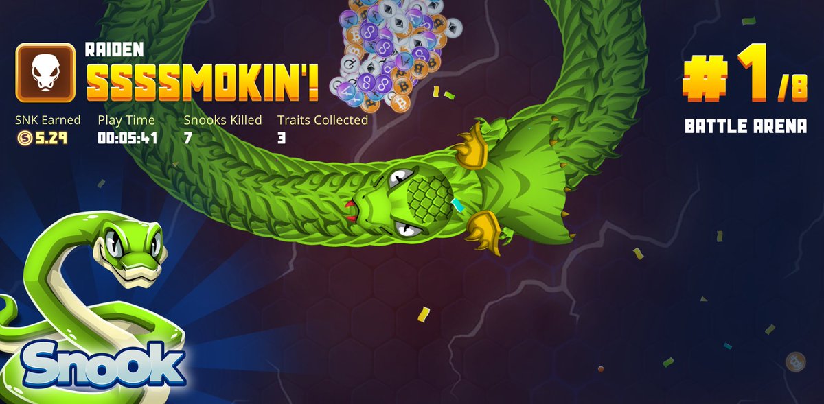 Draken_2003's tweet photo. My legendary snook just killed 7 snooks and ranked #1 in Battle Arena mode! @Playsnook_com and challenge me if you dare. See you on the map! #Snook #SNK #P2E #NFTGaming https://t.co/9gZCeksEEJ